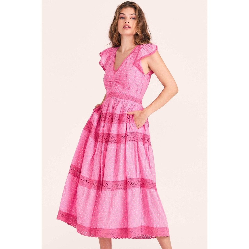 NWT LoveShackFancy Abena Cotton V-Neck‎ Midi Dress in Hot Pink Size 2 $495 - Picture 3 of 7
